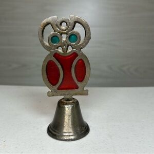 Cast Iron Stained Glass Red Green Colored Vintage Owl Bell 5"